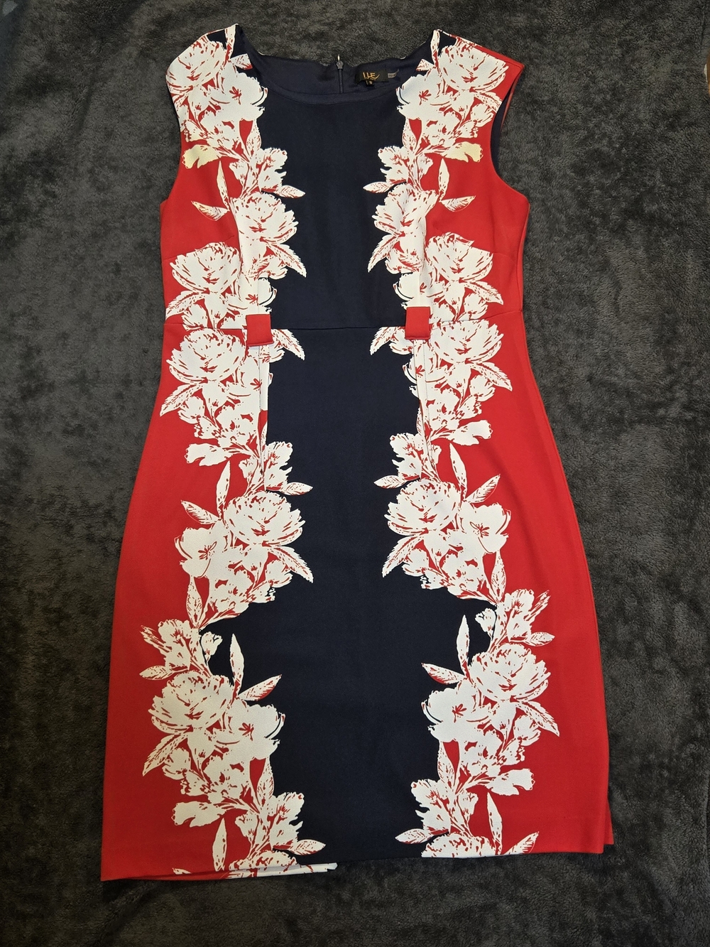 Sleeveless Navy and Red Floral-Trim Midi Dress